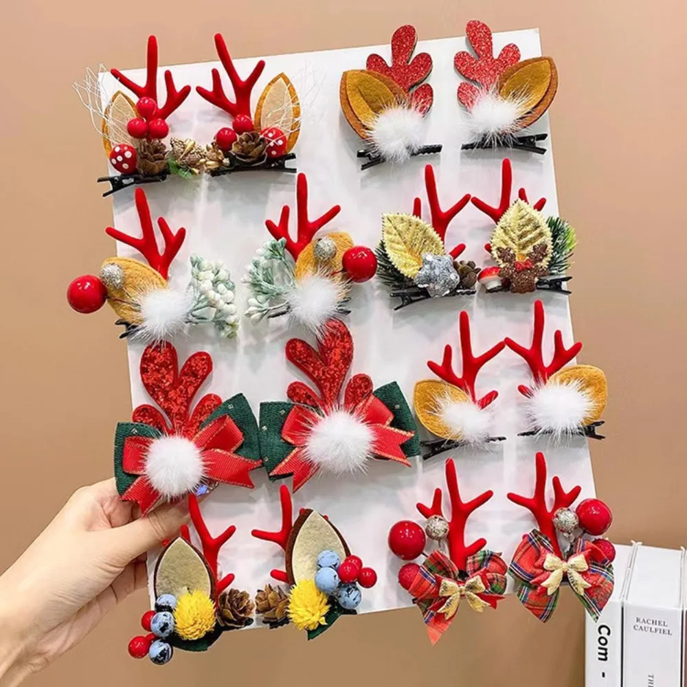 2Pcs Christmas Antler Hair Clips Pendants Xmas Ornaments Merry Christmas Decor For Girl Reindeer Hair Accessories Happy New Year