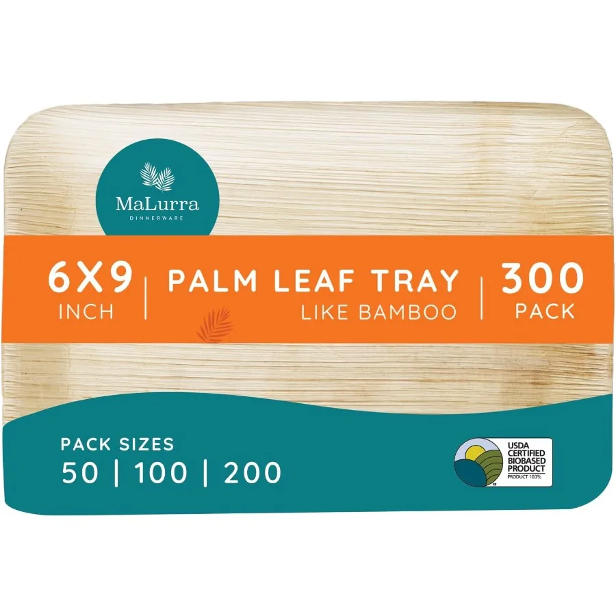 

9"x 6" Rectange Tray 300 PCs Disposable Serving Palm Platters Like Bamboo Charcuterie Tray Biodegradable Disposable EcoFriendly