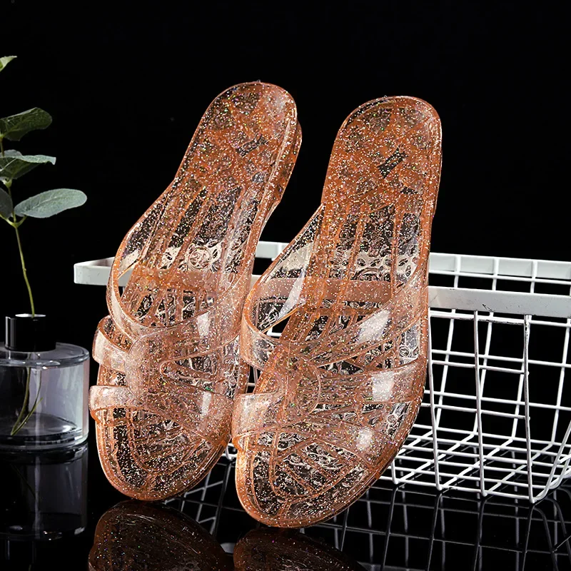 Crystal Slippers for Women Plastic Material Transparent Tape Frozen Low Heel