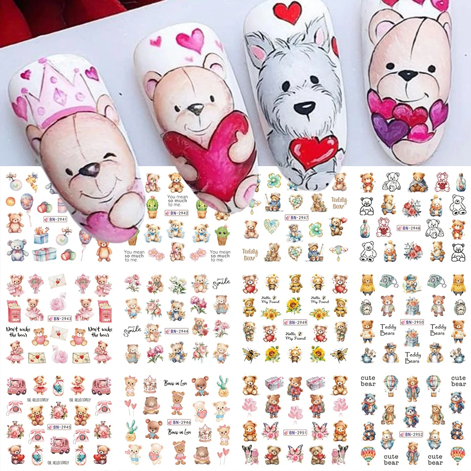 12 قطعة من ملصقات نقل المياه لفن الأظافر لعيد الحب - زهرة الدب الكرتونية اللطيفة وتصميم الحب الرومانسي لشارات نقل المياه