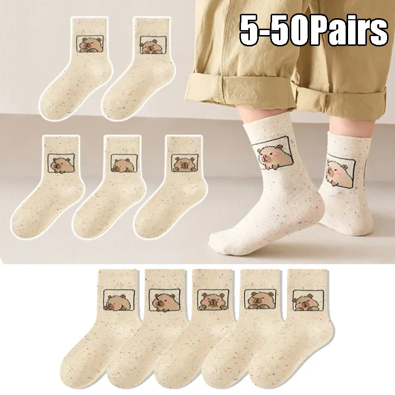 

5-50Pairs High Quality Capybara Boy Girl Unisex School Student Children Cartoon Bear Soft Breathable Cotton Crew Socks