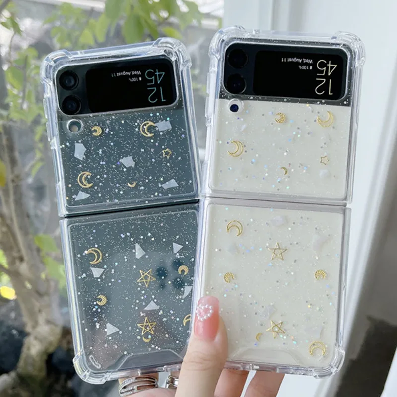 Crystal Clear Glitter Moon Stars Manicure Phone Case for Samsung Galaxy Z Flip 3 Transparent Shiny Cover Z Flip3 5G ZFlip3 Z3