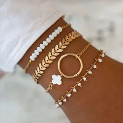 Bohemia Gold Color Leaves Bracelet Set For Women White Beads Round Charm Wrap Bangle Boho Girls Jewelry Accessories