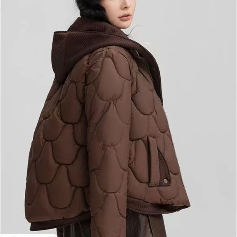 

2025 женское ложное пуховое пальто из двух предметов, корейское женское пальто с хлопковой подкладкой и длинными рукавами, зимняя женская модная пуховая хлопковая куртка с капюшоном