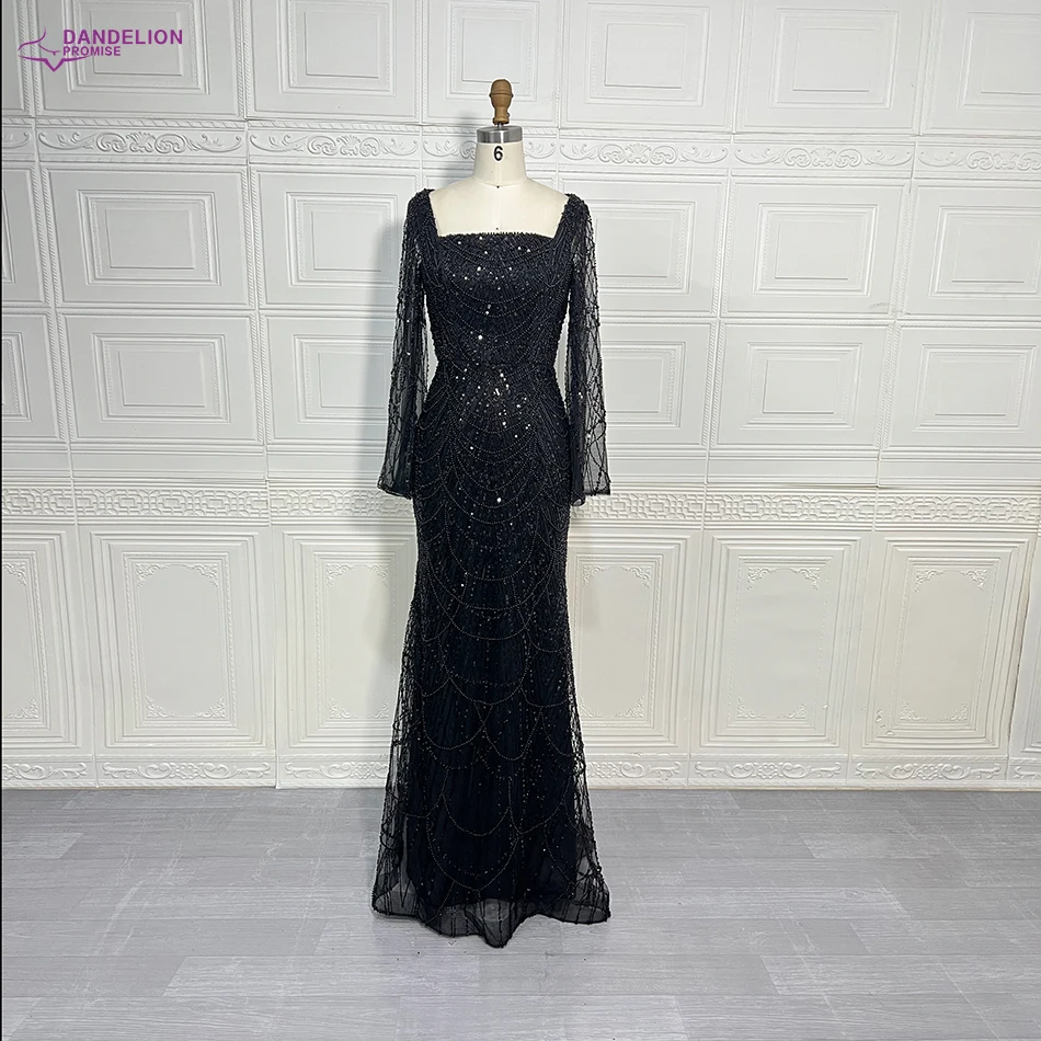 Elegant Mermaid Pearls Evening Dress for Women Dubai Arabic Muslim Long Sleeves Square Collar Formal Prom Wedding Party Gowns