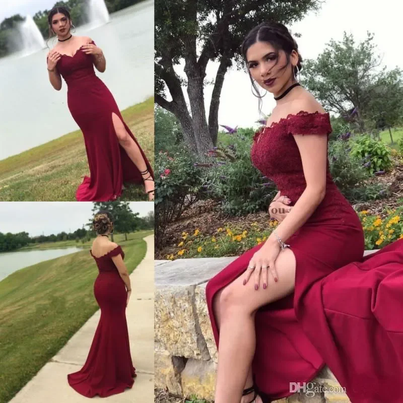 

Burgundy Mermaid Bridesmaid Dresses Thigh High Slits Off Shoulder Satin Evening Gowns Lace Applique Beaded Formal Prom Dresses