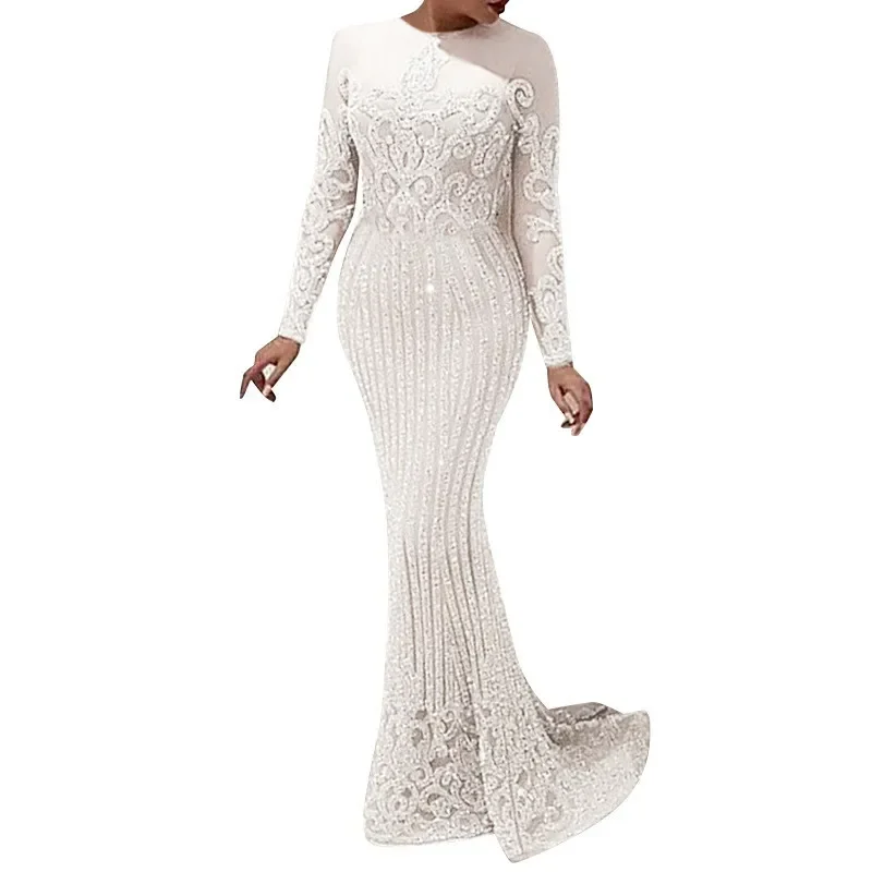 2024 Spring and Autumn New European and American Women's Clothing Gold Long Sleeve Dress Ball Tail Solid Color