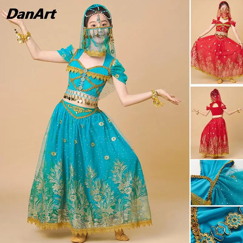 

Girl's Belly Dance Outfit Set Arabic Princess Costume Oriental Indian Dance Bollywood Clothing Kids Top+Dress Performance Wear