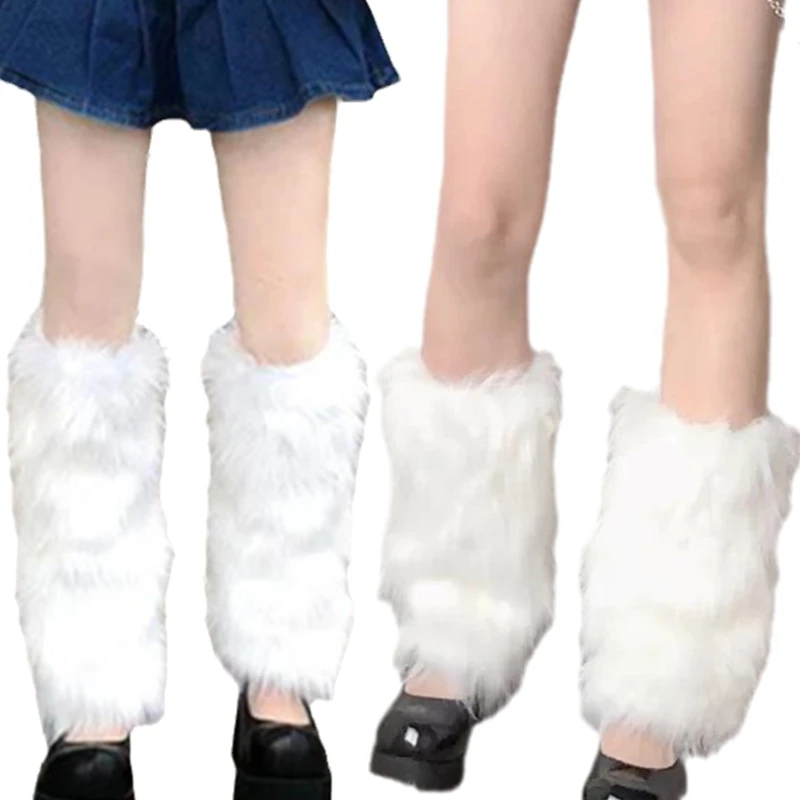 

Japanese White Faux Fur Leg Warmers Women Girls Furry Fuzzy Plush Boot Cuffs Top Cover College Student Uniform Calf