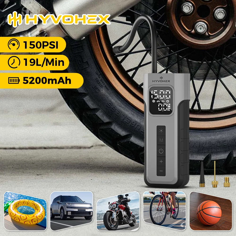HYVOHEX C2 Pro Car Tire Inflator 5200mAh Battery Portable Air Compressor LED Light Cordless Air Pump for Cars Motorcycles