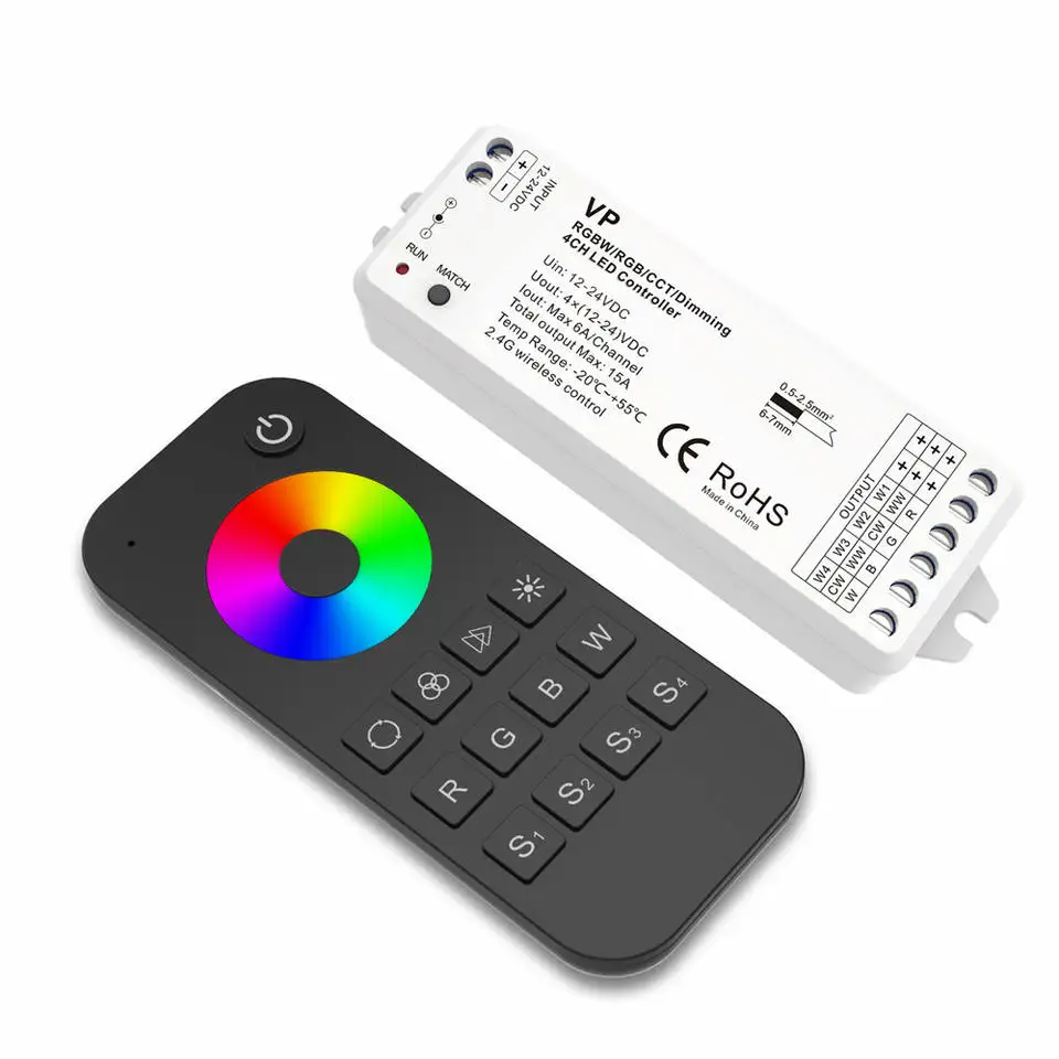 VP RGBW/RGB/CCT/atenuación 4 canales RGBW LED controlador RF 12V-24V CC voltaje constante 4 en 1 2,4G receptor inalámbrico RF RT9 remoto