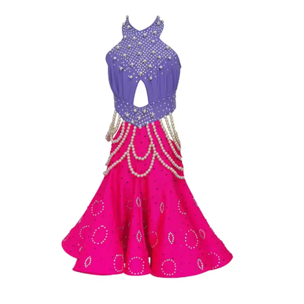 Robes de danse latine en perles scintillantes pour filles, tenue de compétition professionnelle, dos ouvert, col licou, robe de spectacle, vêtements de scène Samba yk