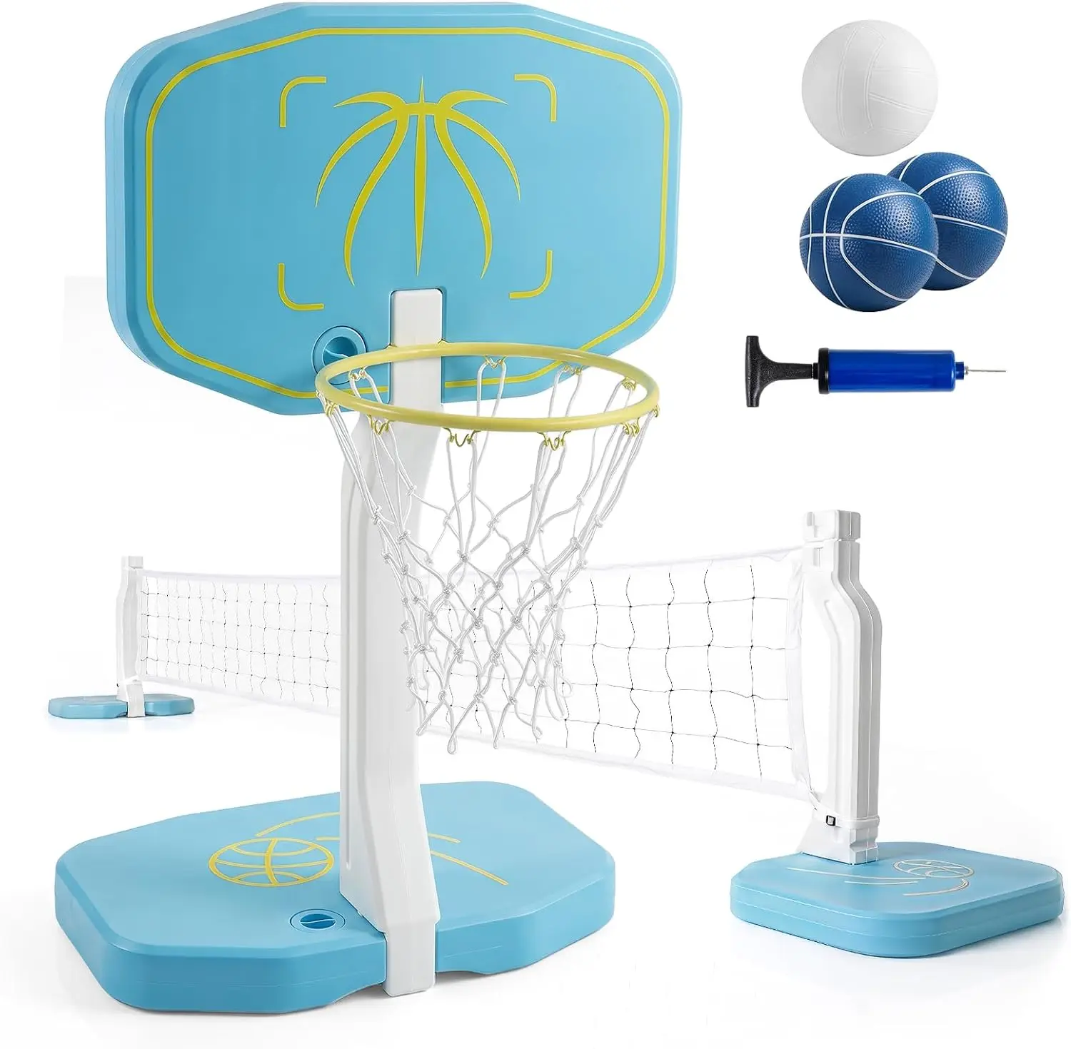 2-in-1 Pool Basketball Hoop and Volleyball Net Set for Inground Pools - Includes 3 Balls, Air Pump, and Net for Summer Outdoor Family Games and Parties (Sky Blue)