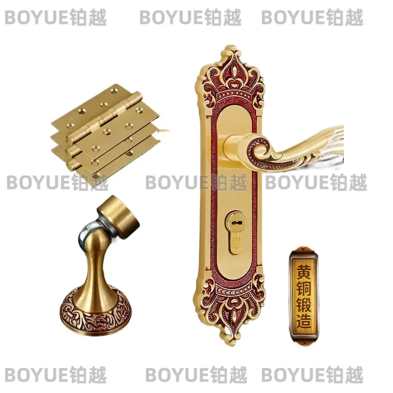 European Style Rose Gold Solid Wood Door Lock Set with Brass Hinge and Door Stopper Three Piece Hardware Kit for Indoor Room
