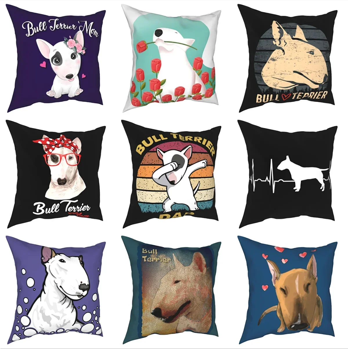 Funny Bull Terrier Pattern Pillowcase Polyester Cushion Cover Gift Cute Dog Puppy Throw Pillow Case Cover Bedroom 45X45cm