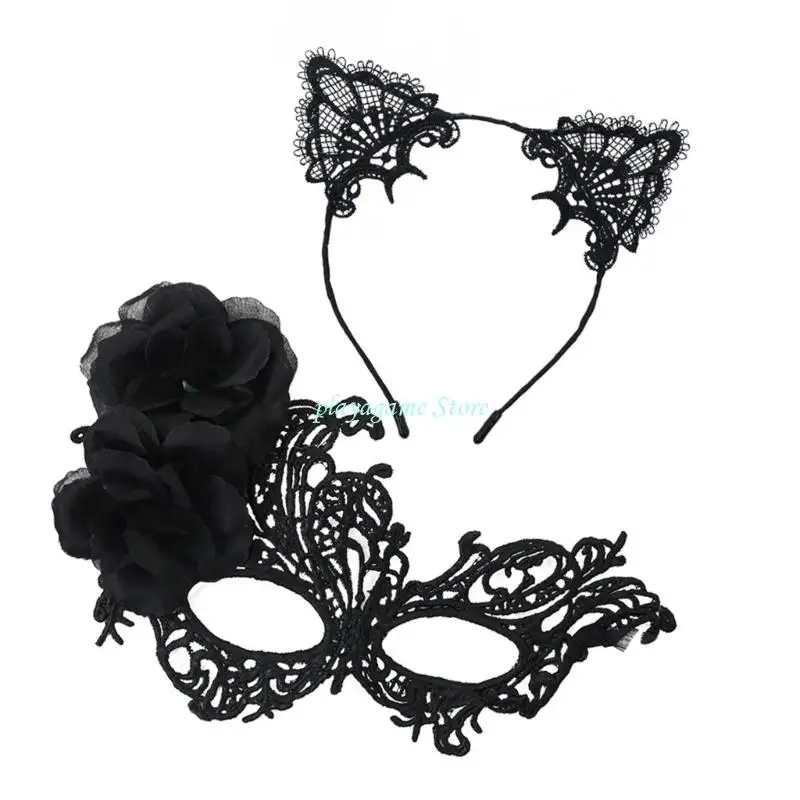 Y88A ชุดหน้ากาก Maskerade พลาสติกที่สะดวกสบายและแมวอนิเมะหูฟังผมสำหรับชุดบทบาทการเล่นชุดฮัลโลวีน