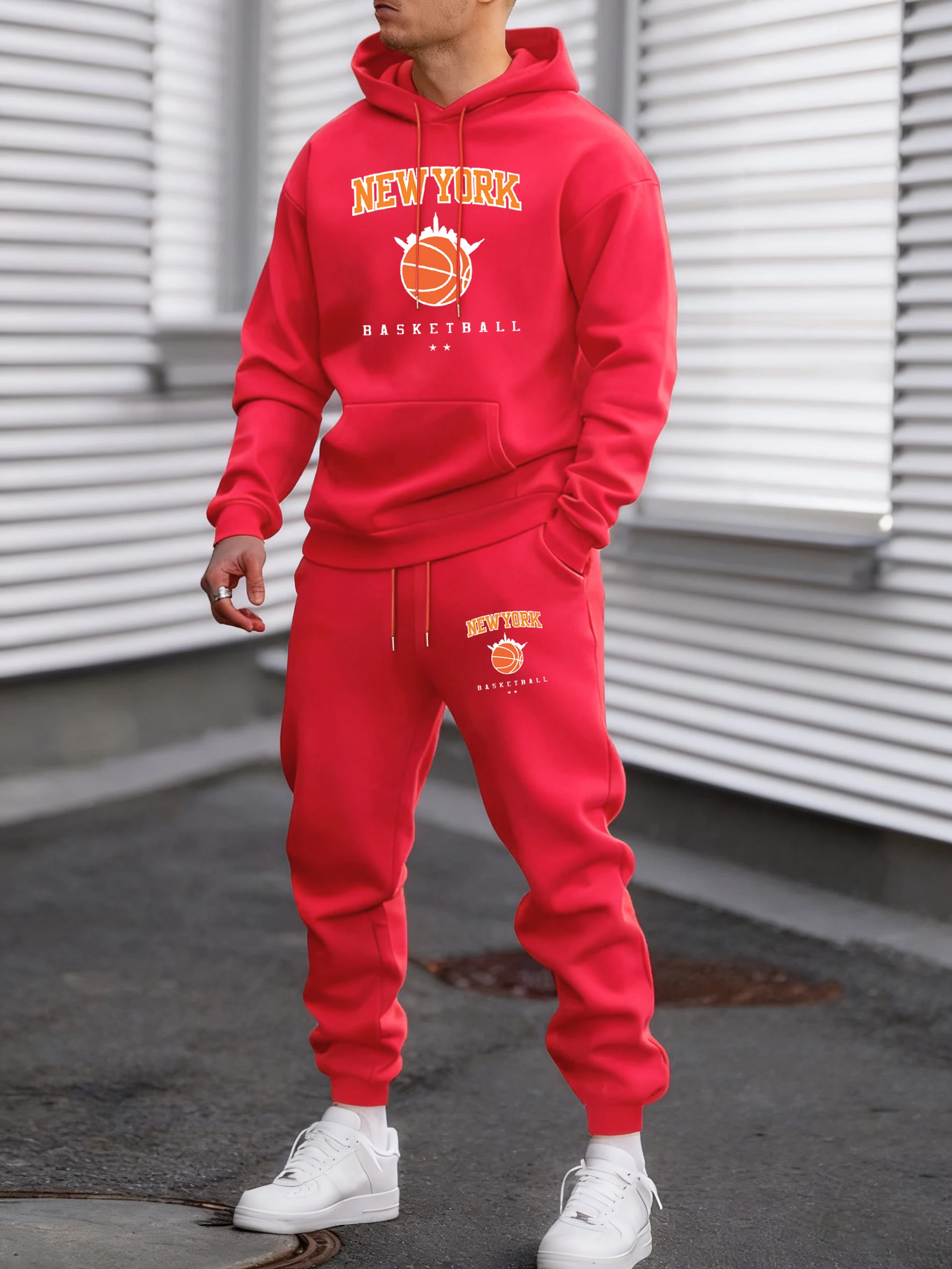 

New York Basketball Game Pattern Men Sweatshirt Harajuku Fleece Pullover Loose Fashion Clothes Unisex Warm Simple Pants Set