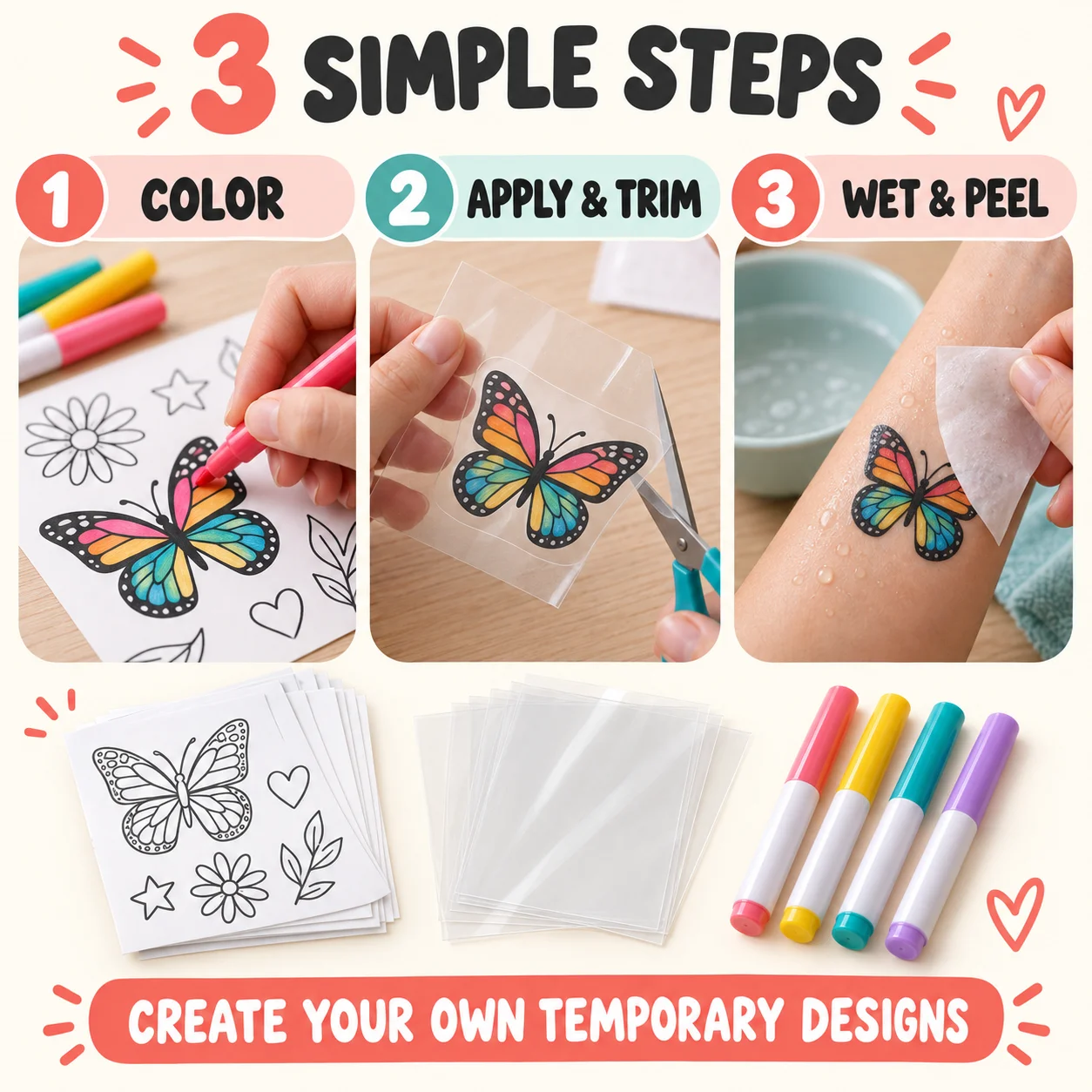 Water Transfer Temporary Tattoo Film Paper Colored Marker Compatible for Music Festival Party DIY Graffiti Body Art Tag