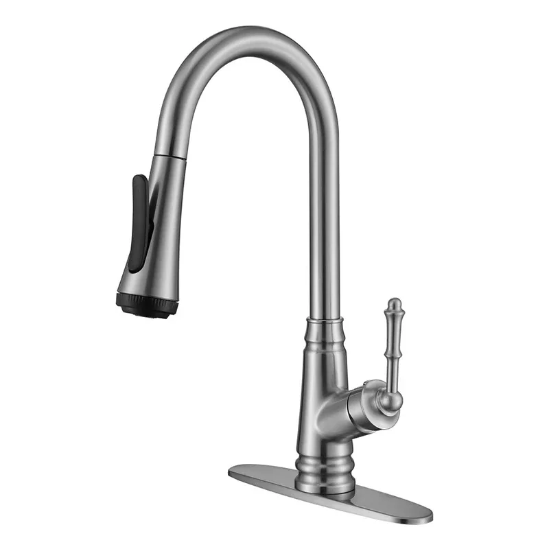 Single Handle Brushed Nickel 4 Modes Pull Out Kitchen Faucet with Pull Down Sprayer For 1 or 3 Hole Farmhouse Camper Laundry RV