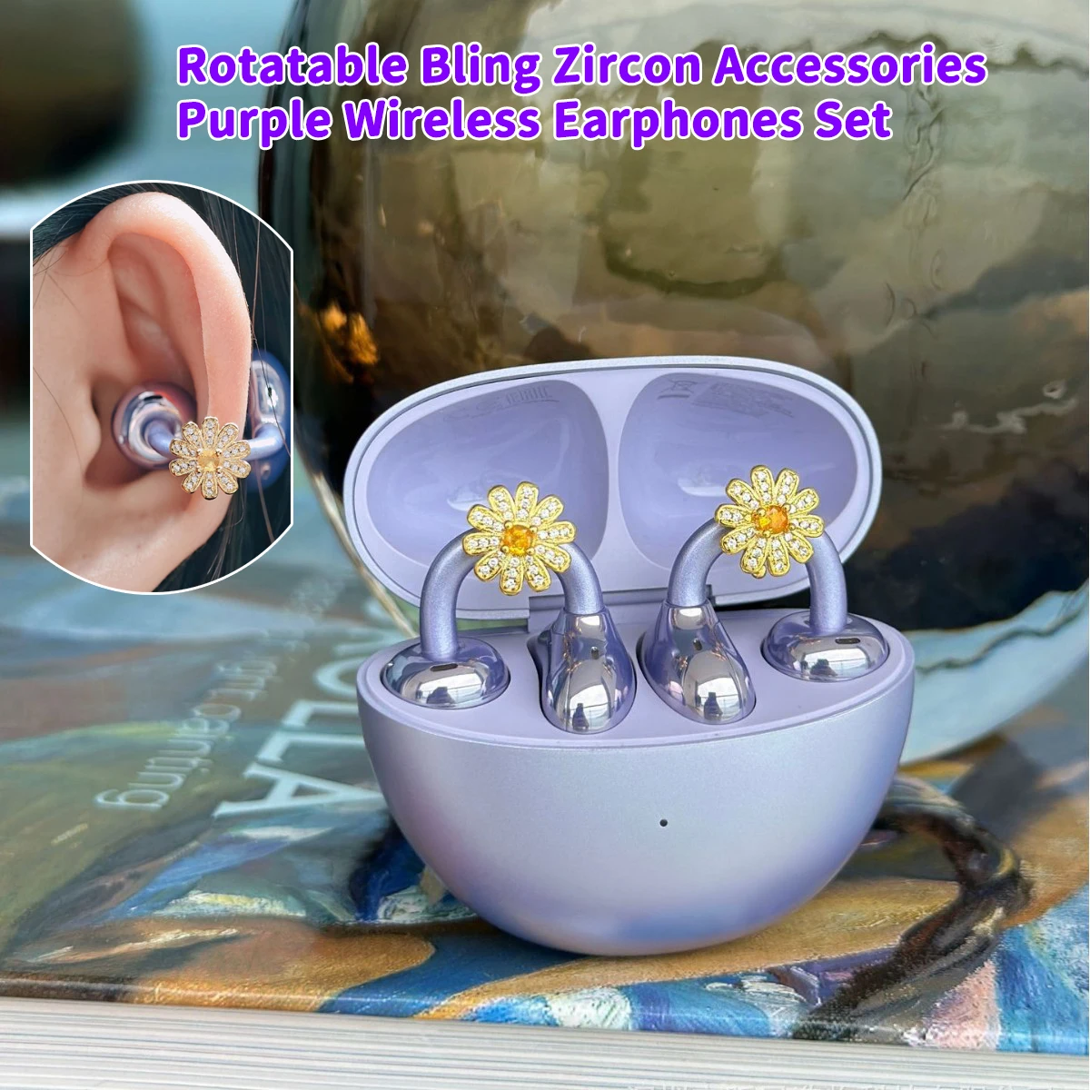 Rotatable Bling Zircon Ornament Purple Wireless Earphones Set Bluetooth Hi-Fi Stereo&ENC Call Ear-Clip Jewelry Earbuds Girl Gift