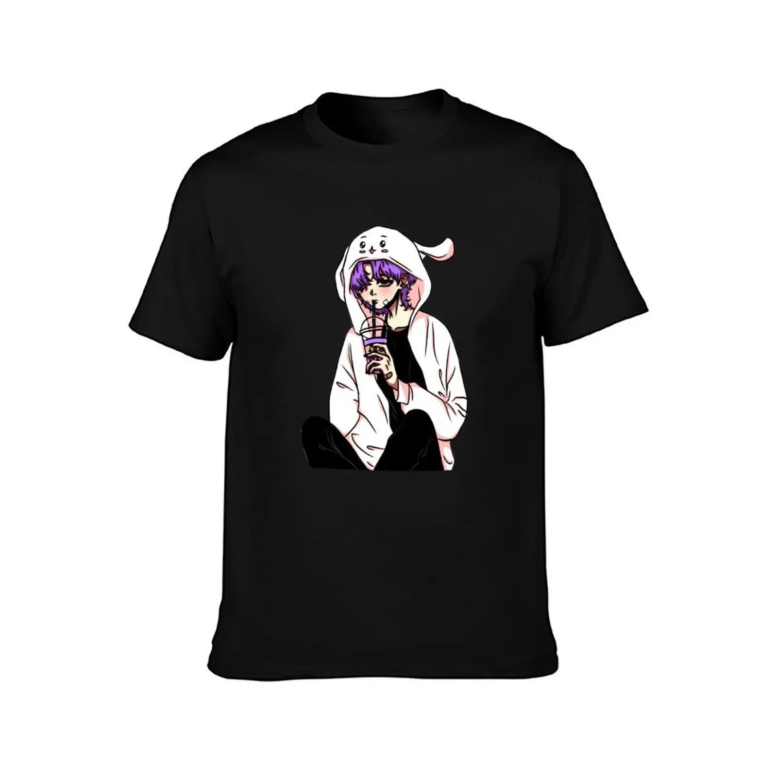 Anime guy with a drink in his hand and with rabbit ears on his hood. A plaster is stuck on his face. T-Shirt, Unisex Men Women