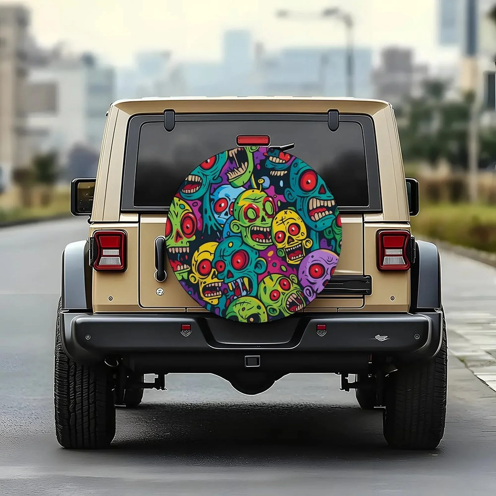 1pc Gothic Zombie Skull Wheel Cover - Fit Car Tire With Neon Green, Pink, Blue, Black & Red Zombie Faces - Heavy-Duty Wheel Prot