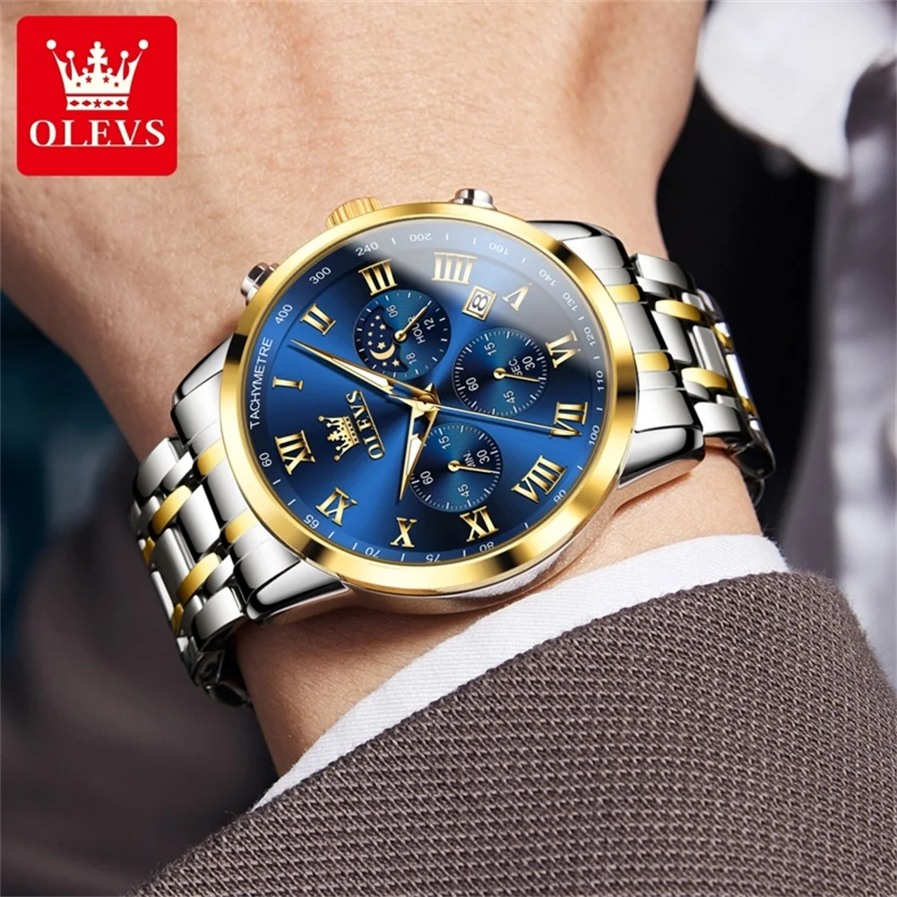 OLEVS Brand Luxury Moon Phases Quartz Watch for Men Stainless Steel Waterproof Sport Chronograph Watches Mens Relogio Masculino