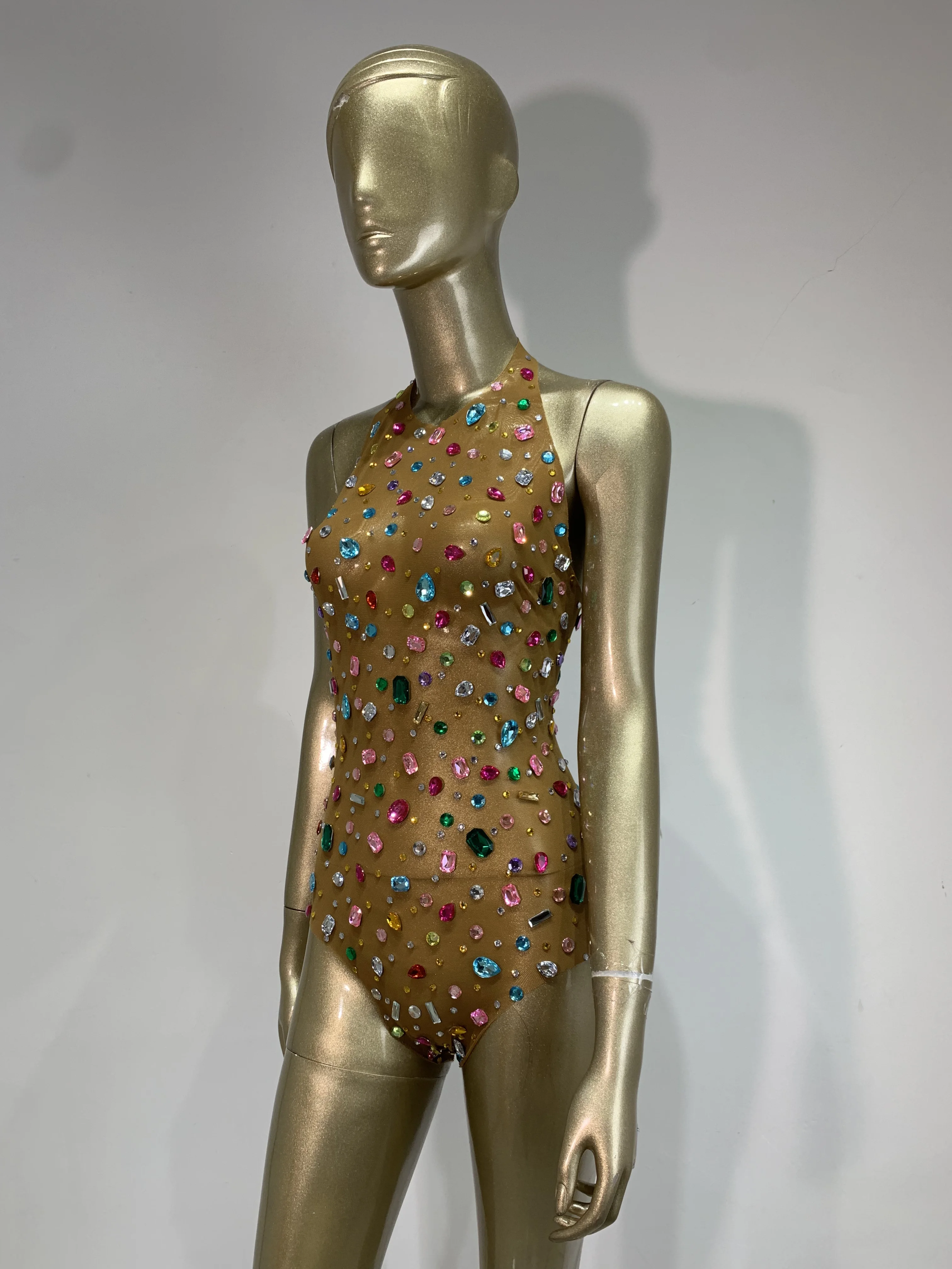 Sparkly Rhinestones Mesh See Through Bodysuit Women Sexy Backless Sleeveless Performance Dance Stage Costume Nightclub Outfit