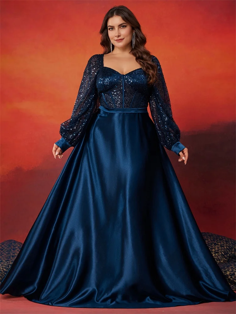 

XUIBOL Plus Size Luxury Blue V-Neck Sequin Evening Dress Elegant Women Party Maxi Dress Long Sleeve Cocktail Dress Prom Gown