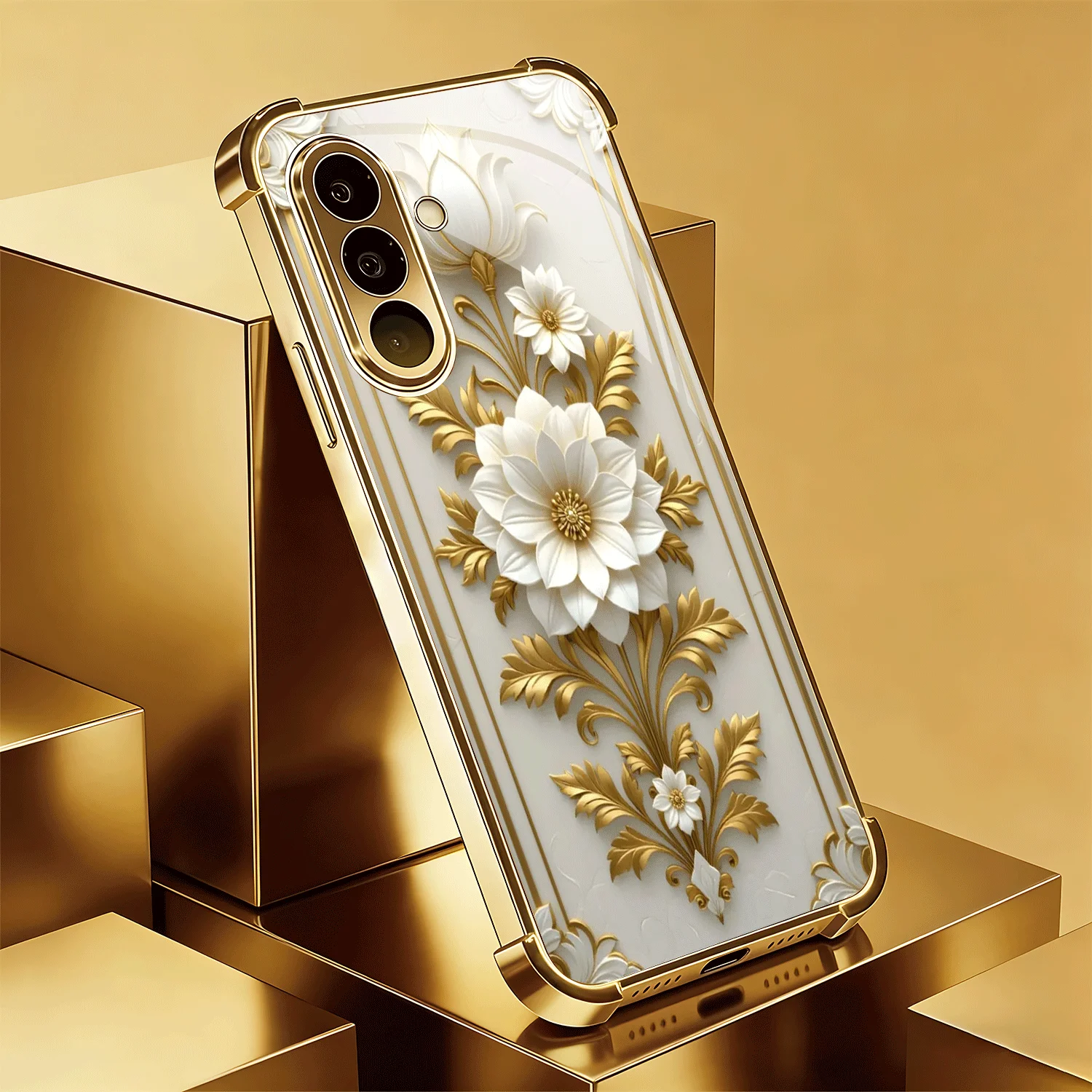 Flower gold glass phone case suitable for Samsung Galaxy S26 S25 S24 S23 S22 S20 FE/Ultra/Plus anti fall back cover