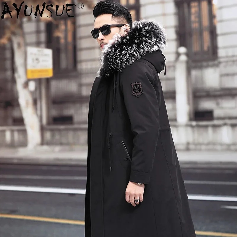 AYUNSUE 100% Real Mink Fur Liner Parka Men Winter 2021 Hooded Warm Raccoon Fur Collar Jacket Male Black Overcoat Jaquetas Gxy271