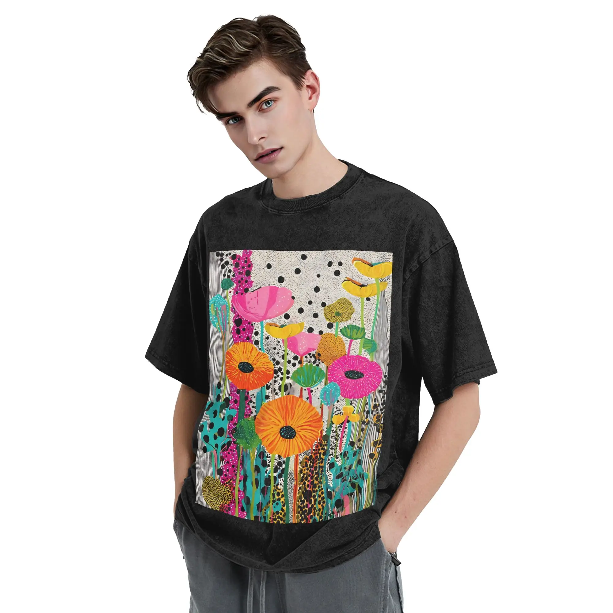 Yayoi Kusama Colorful Flowers Dots Washed T Shirt Streetwear Cool T-Shirt  Tees for Men Women 100% Cotton Oversize Graphic