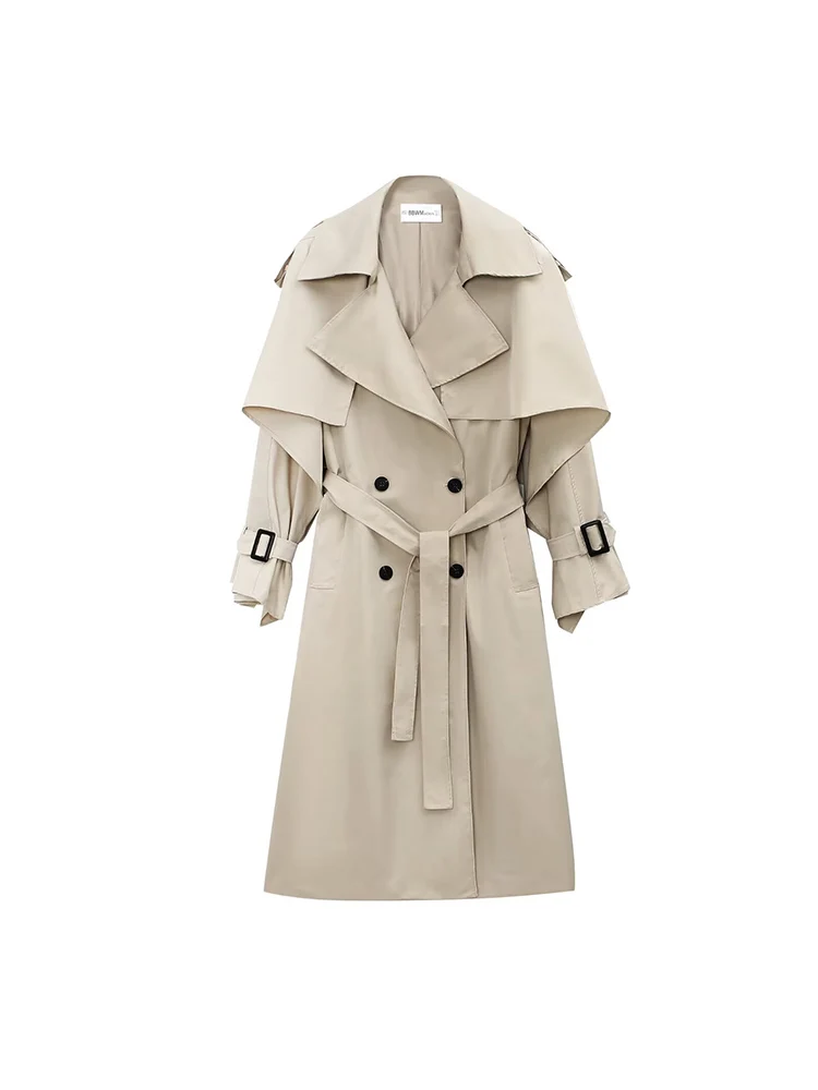 

European style new women's fashionable and versatile double-breasted lapel windproof trench coat with belt.