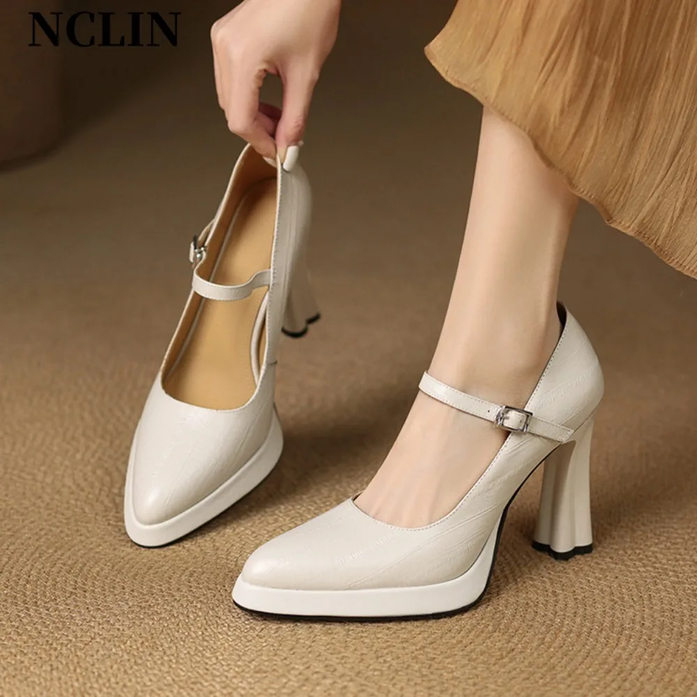 

2025 Hot Sale Party Disco Dance Pumps Women Platform Girding Buckle 10cm Super High Thick Heel Fashion Pointed Toe Pumps