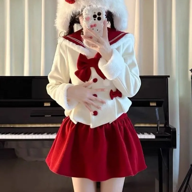 Outono inverno japonês kawaii doce 2 peça ternos feminino bowknot bonito magro colheita topos casacos de cintura alta cor pura mini saia conjuntos