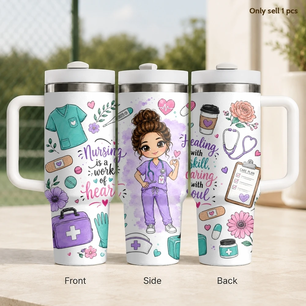 Strong Heart Steady Hands Nurse Vacuum Flasks 40oz Stainless Steel Insulated Tumbler With Handle & Straw Leakproof Travel Mug