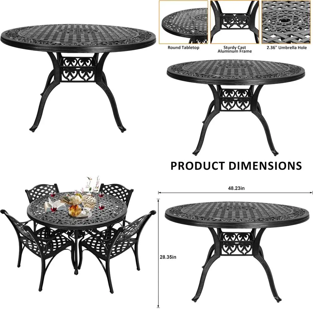 طاولة طعام مستديرة للاستخدام الخارجي مقاس 48 بوصة من الألومنيوم مع إطار مطلي بالمسحوق وحامل مظلة للحديقة