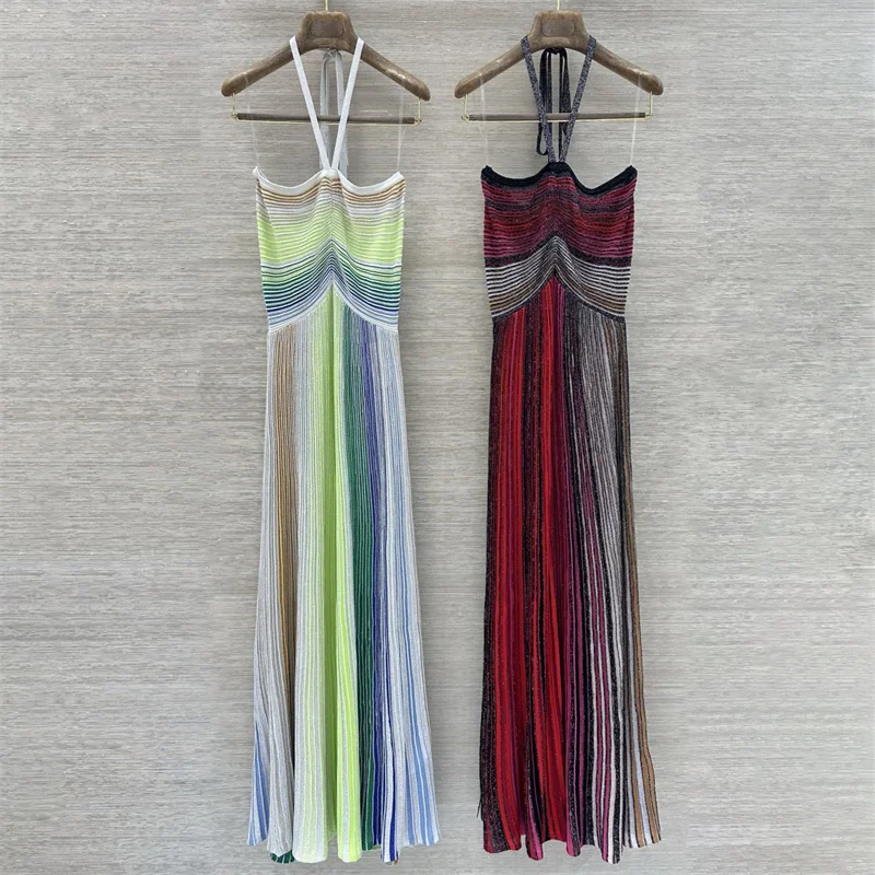 women's dress New elastic knitted slim fit long dress for summer 2026 Metal yarn blended sleeveless dress casual vacation dress