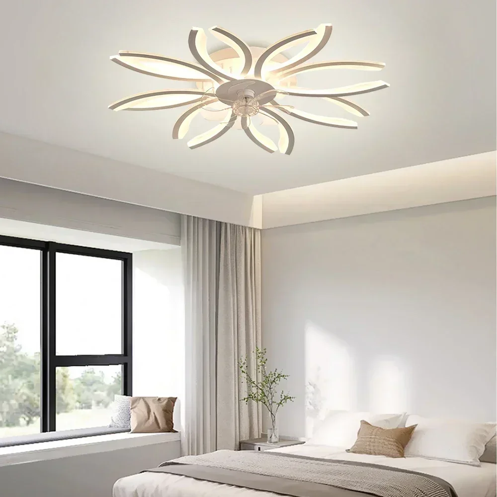 Imagem -06 - Ventiladores de Teto Elétricos com Luz Led Lâmpada Moderna Estilo Flor Pingente Inteligente Silencioso 110v 220v Nórdico Luxo Decoração do Quarto