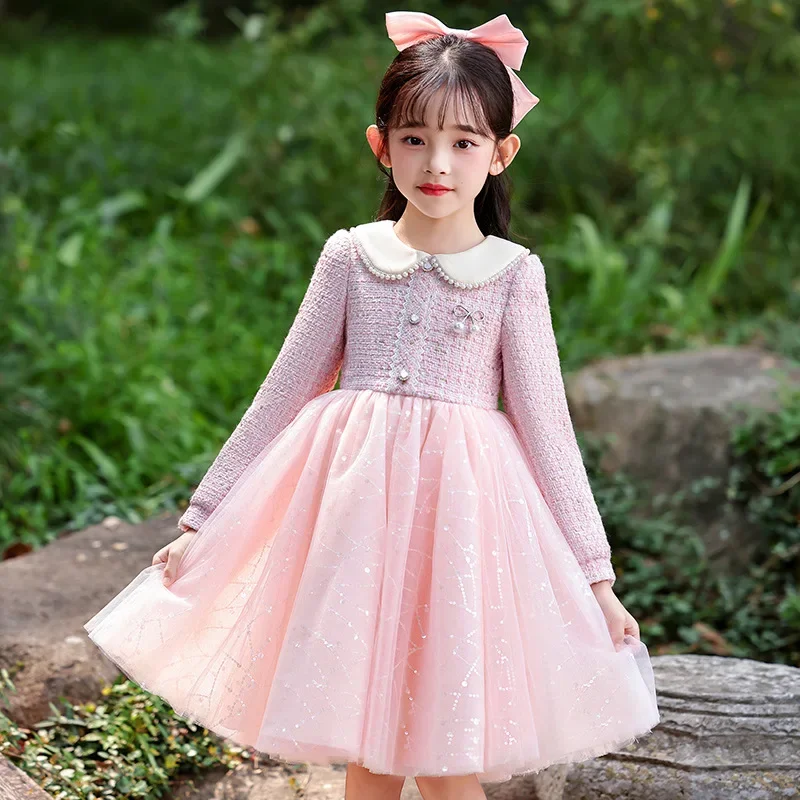 Girls Spring Autumn Winter New Style Pearl High Quality Linen Princess Dress