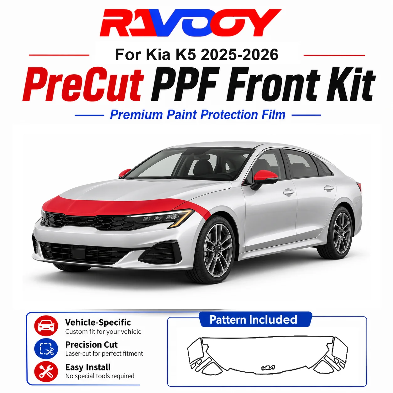 

8.5mil TPU Precut PPF Kit For Kia K5 2025-2026 - Hood, Partial Fenders & Full Mirror Set - Self-Healing Gloss Clear Bra Film