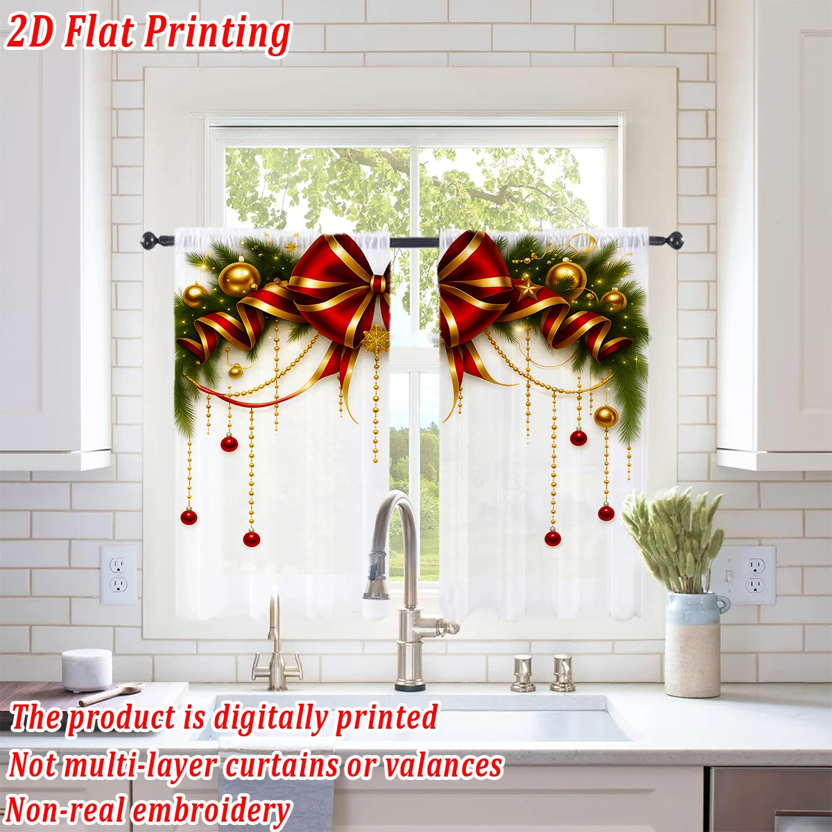 Christmas Flat Printing Kitchen Sheer Curtain with Merry Christmas Bow Ball Pine Branch For Christmas Home Decor  Party