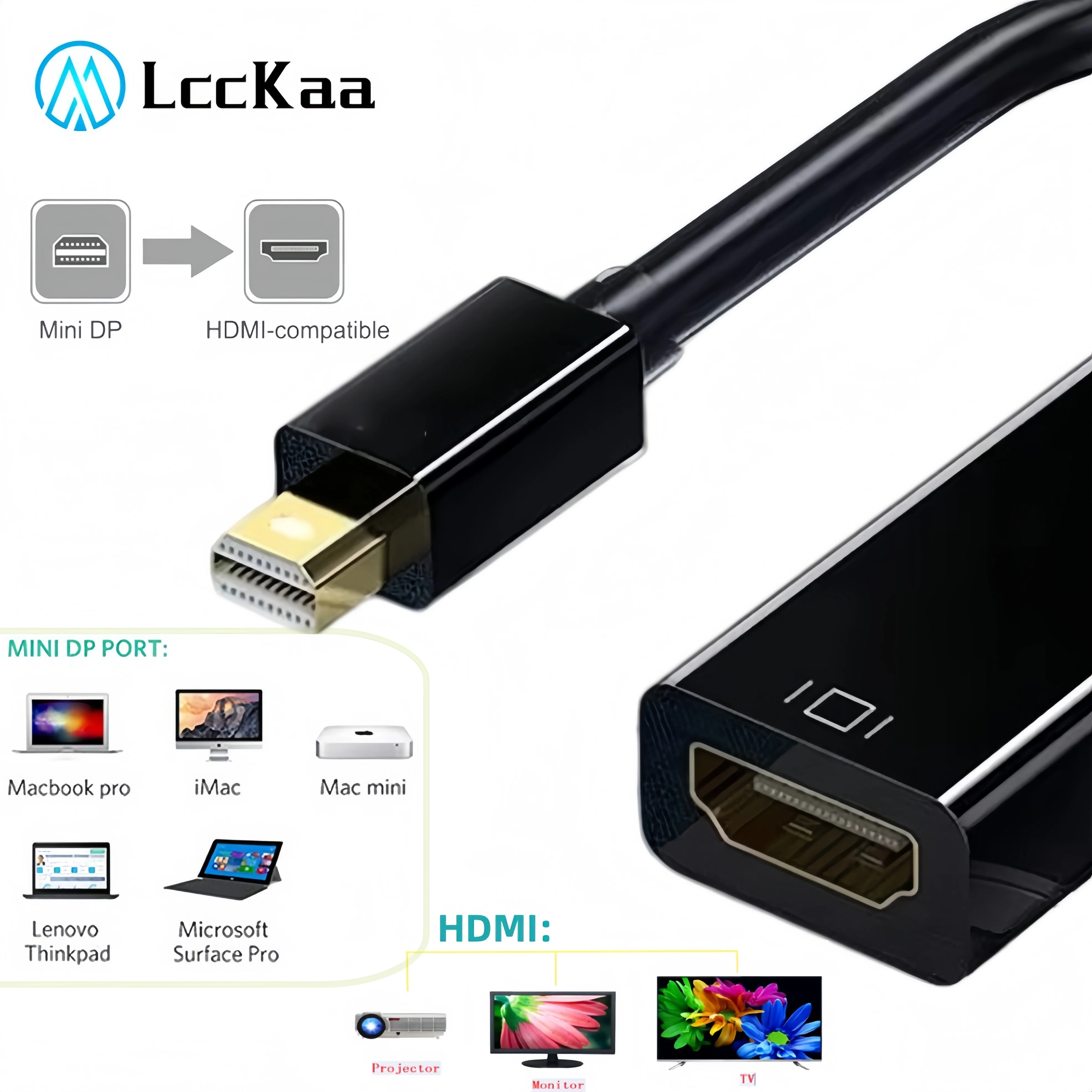 LccKaa Mini DP to HDMI-compatible Converter Cable 1080P 4K Thunderbolt 2 Mini DisplayPort to HDMI Adapter For MacBook Air Pro