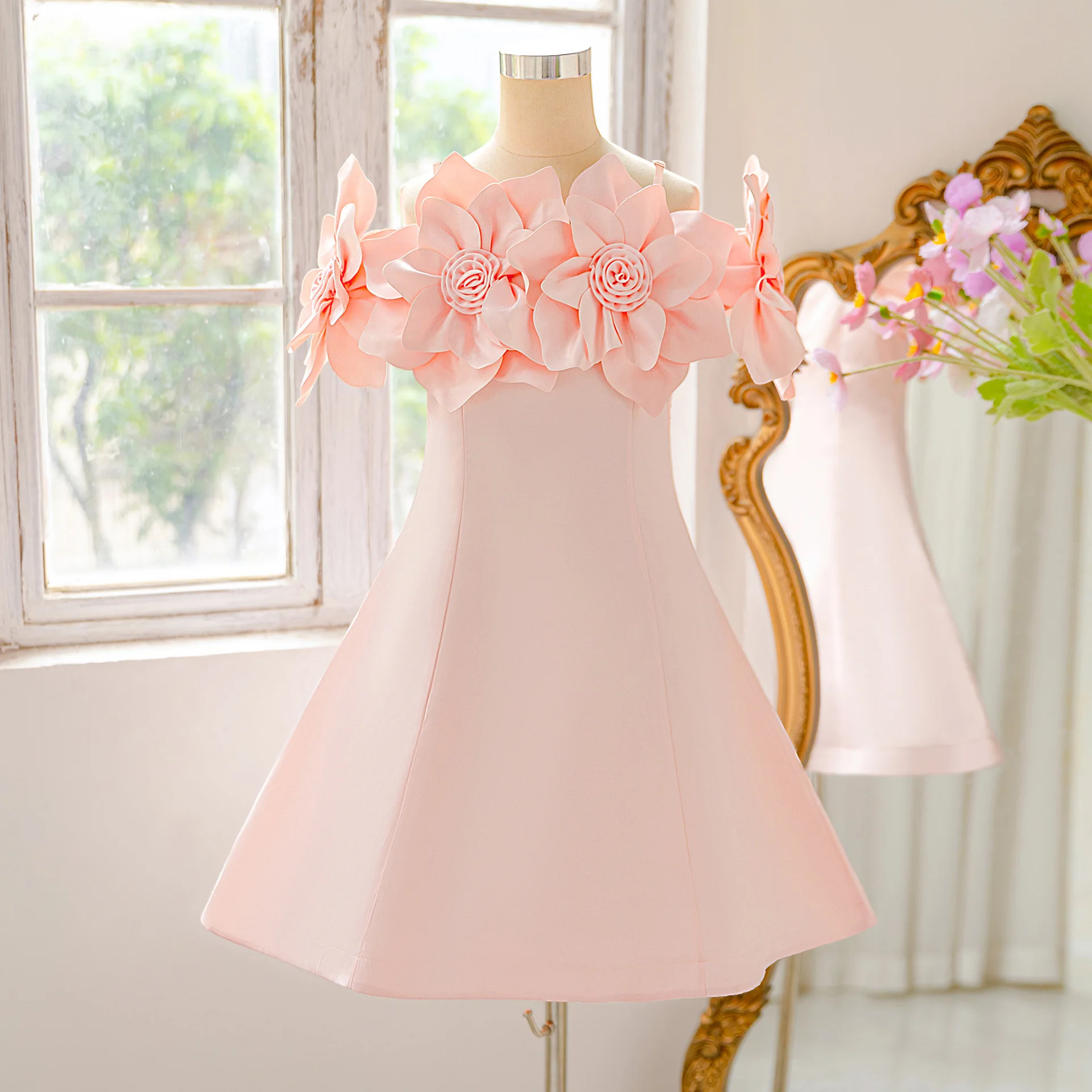 2026 Summer New Three-dimensional Flower One Shoulder Dress for Girls High Quality Wedding Flower Girl Princess Dress