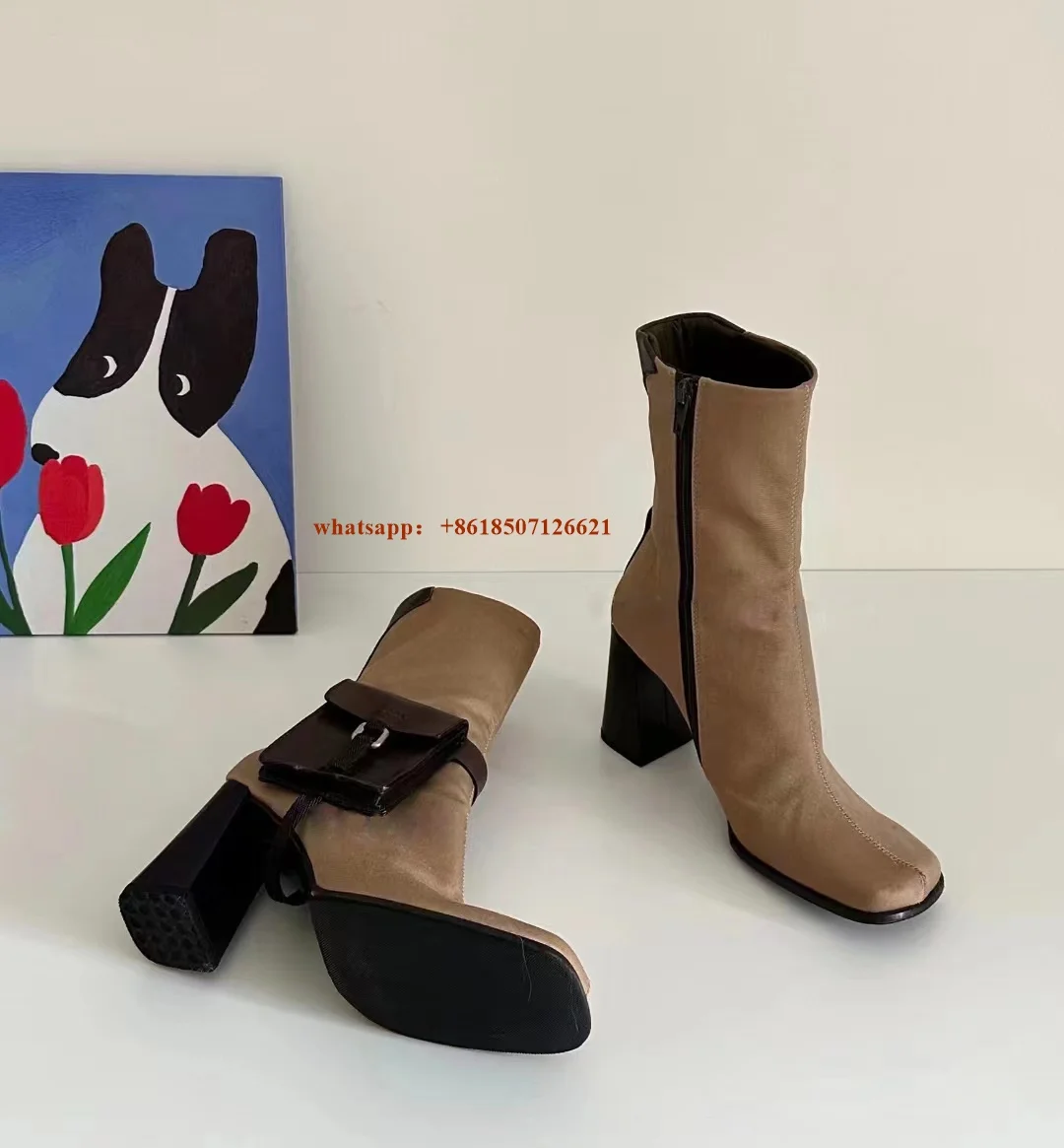 High-Heeled Short Boots For Women Thick Heel New Square Toe Suede Pocket Decorated Mid-Calf Boots