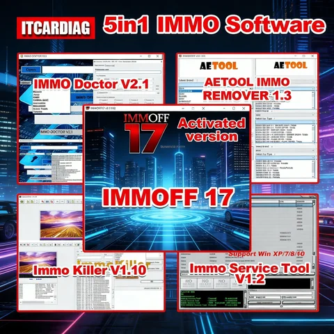 Программное обеспечение для иммобилайзеров 5 в 1: IMMOFF 17, Immo Doctor V2.1, AETOOL IMM O REMOVER 1.3, ImmoKiller V1.10, IM MO SERVICE TOOL V1.2