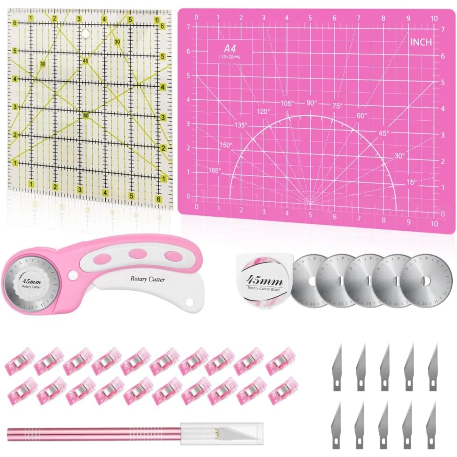 

39 Pcs Rotary Cutter Set Pink - Quilting Kit incl. 45mm Fabric Cutter with 5 Extra Blades, A4 Cutting Mat, Craft Knife Set,