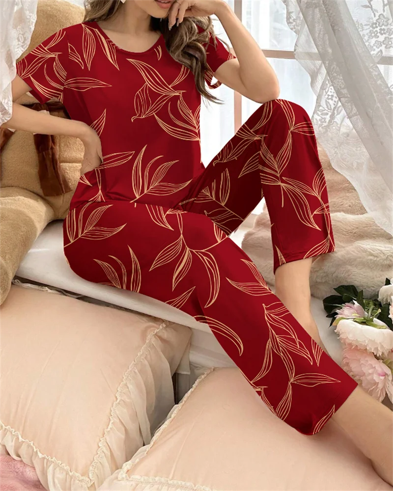 Red bamboo printed pajama suit short sleeved round neck top and elastic belt trousers women\'s pajamas and home wear