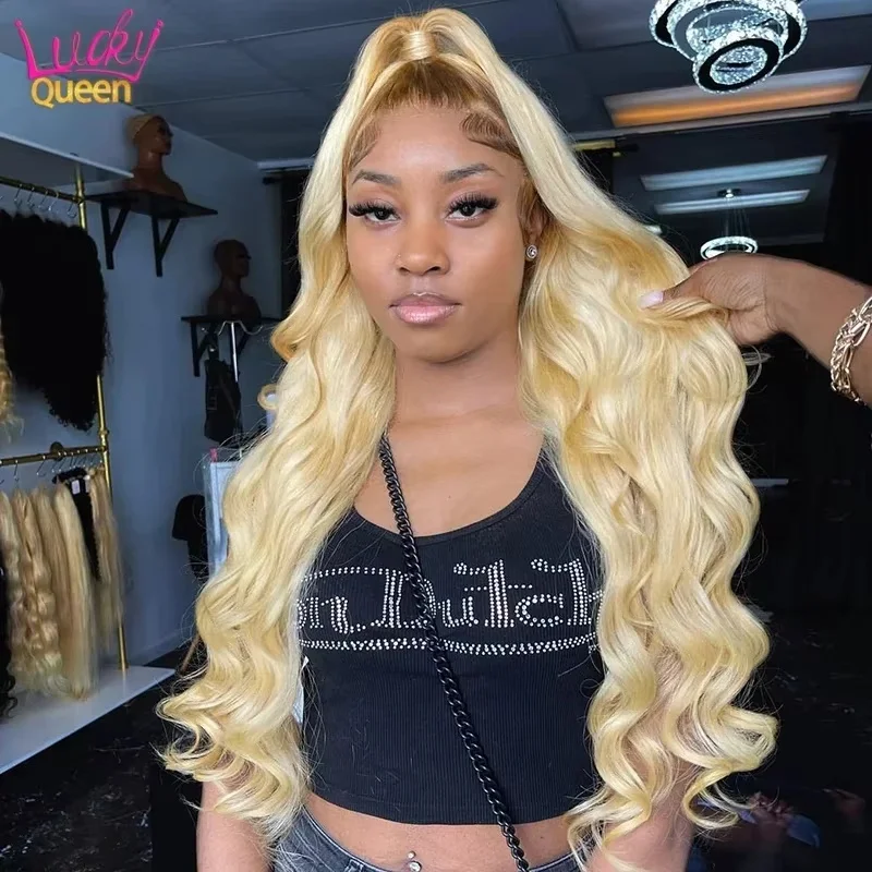 613 شعر مستعار أشقر مع الجذر البني موجة الجسم 4/613 شعر الإنسان شعر مستعار ذيل حصان للنساء الدانتيل الشفاف 13X4 شعر مستعار أمامي قبل قطعها