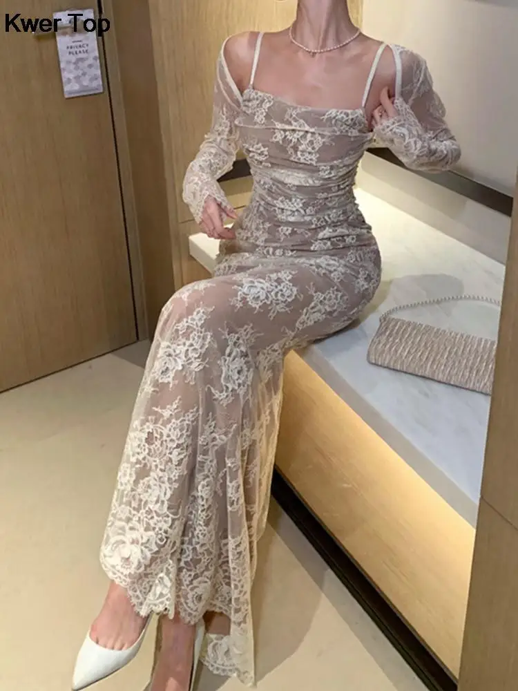 Elegant Bandage White Lace Wedding Dress Vintage Bodycon Evening Prom Mermaid Robe Women Summer Spaghetti Straps Vestidos Mujer